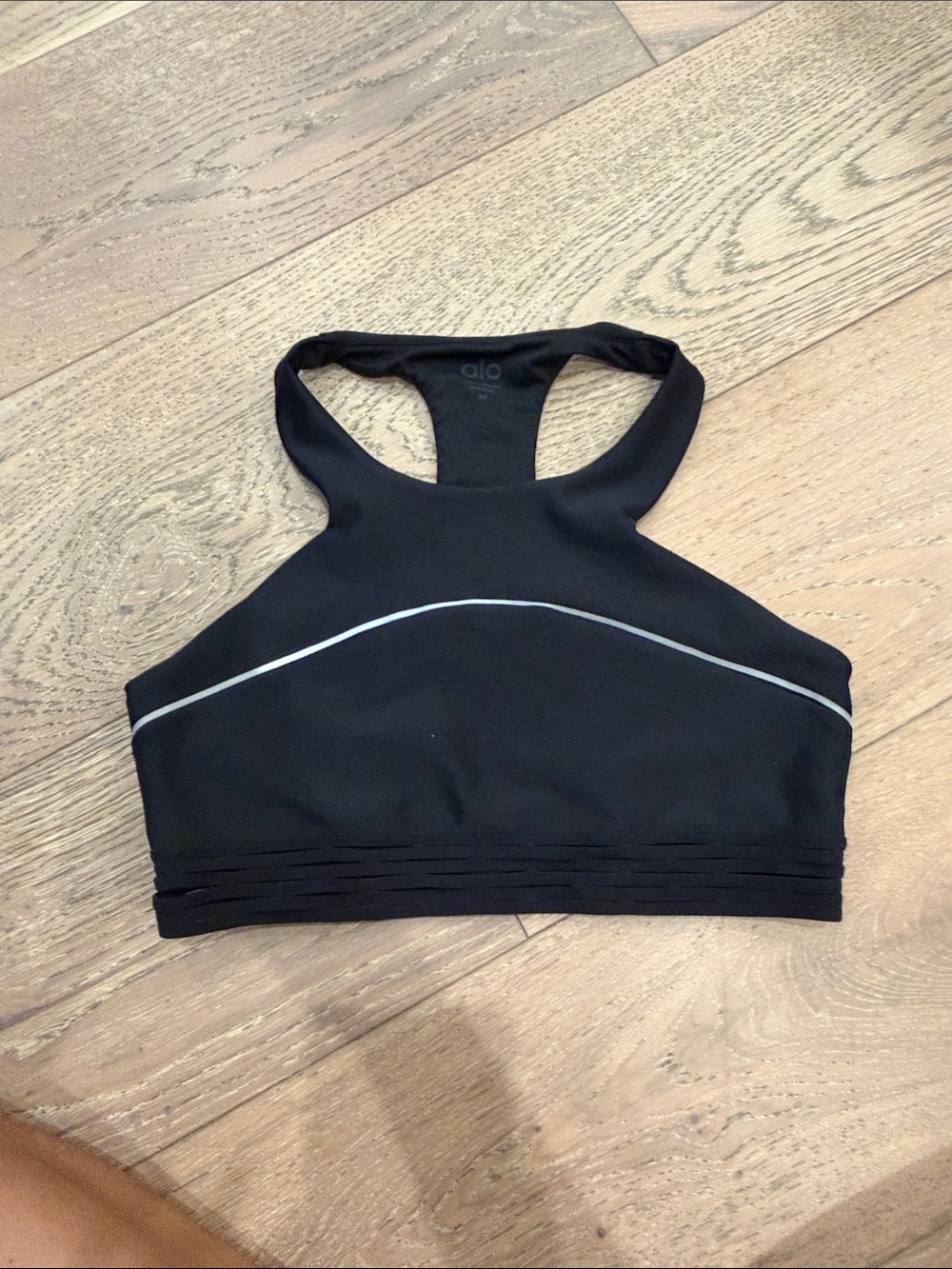 ALO Yoga Black High Neck Racerback Sports Bra with Silver Trim